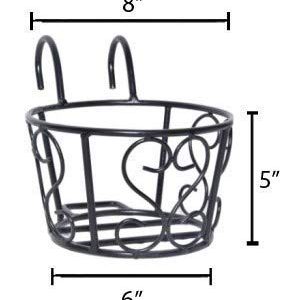 Black metal hanging basket with heart-shaped details, measuring 8 inches wide, 5 inches deep, and 6 inches high. Ideal for indoor or outdoor plants