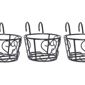 Three black metal hanging baskets with heart-shaped details, ideal for indoor or outdoor plants