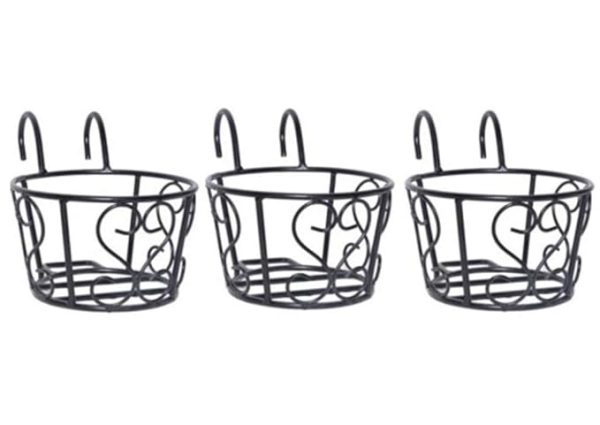 Three black metal hanging baskets with heart-shaped details, ideal for indoor or outdoor plants